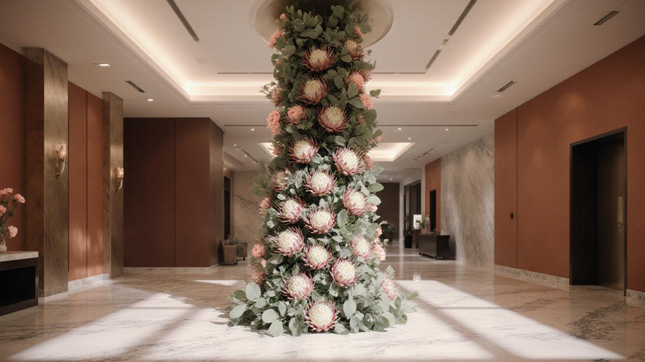 Stunning sculptural floral installation in a luxury hotel lobby