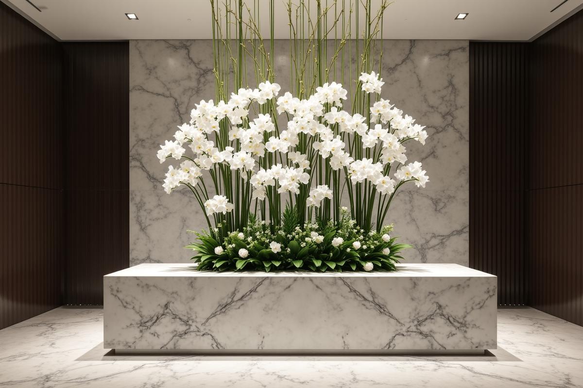Luxury hotel lobby with grand floral installation