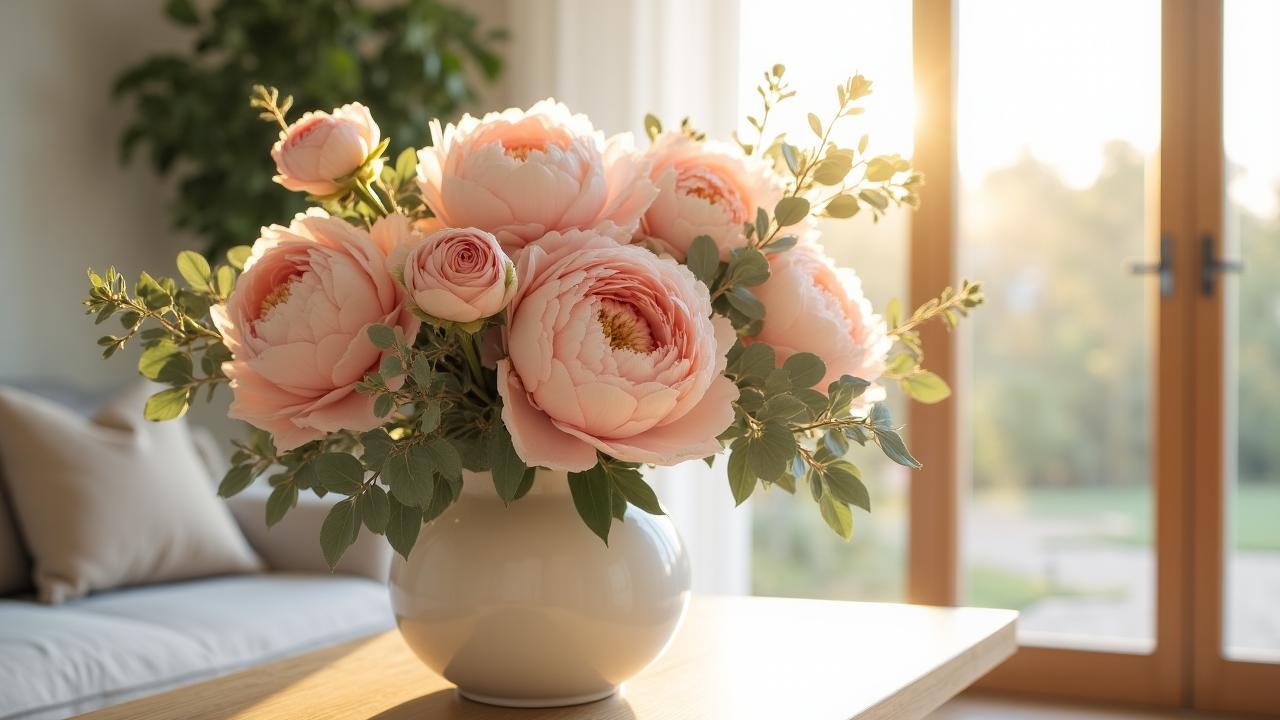 A grand artisanal bouquet featuring soft pink peonies and sage eucalyptus in a ceramic vase