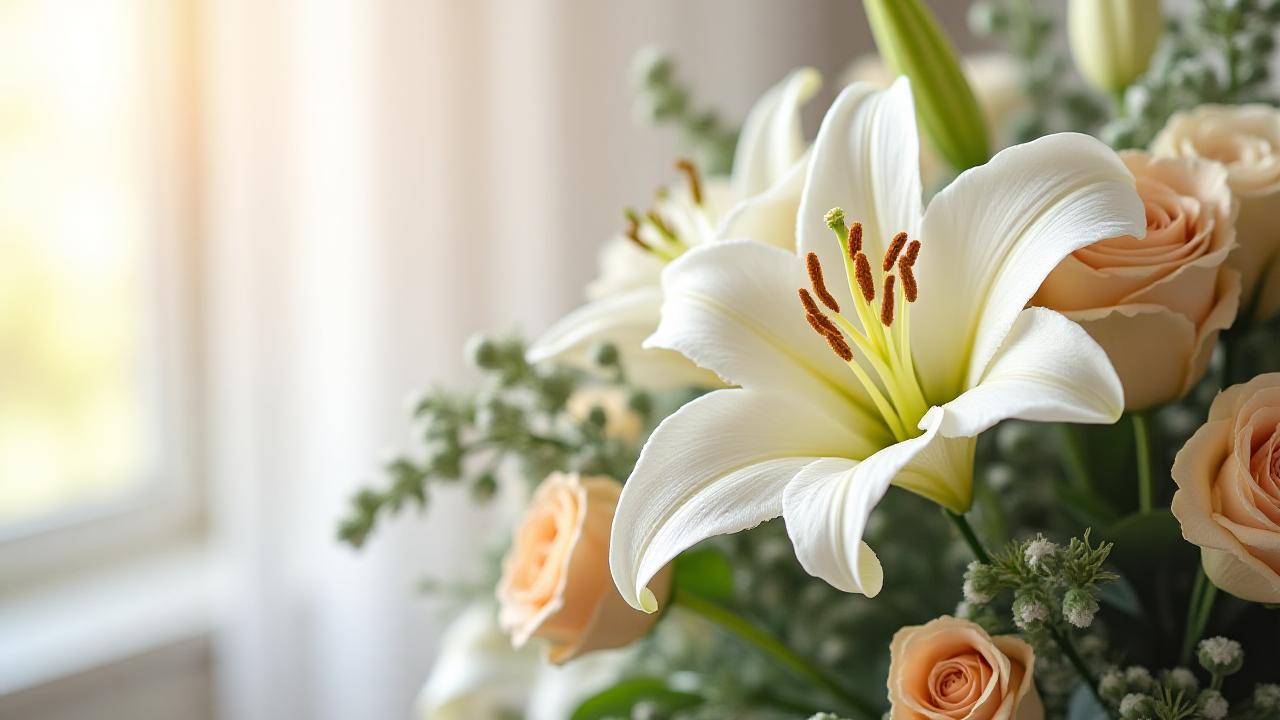 Large arrangement of white lilies and soft roses